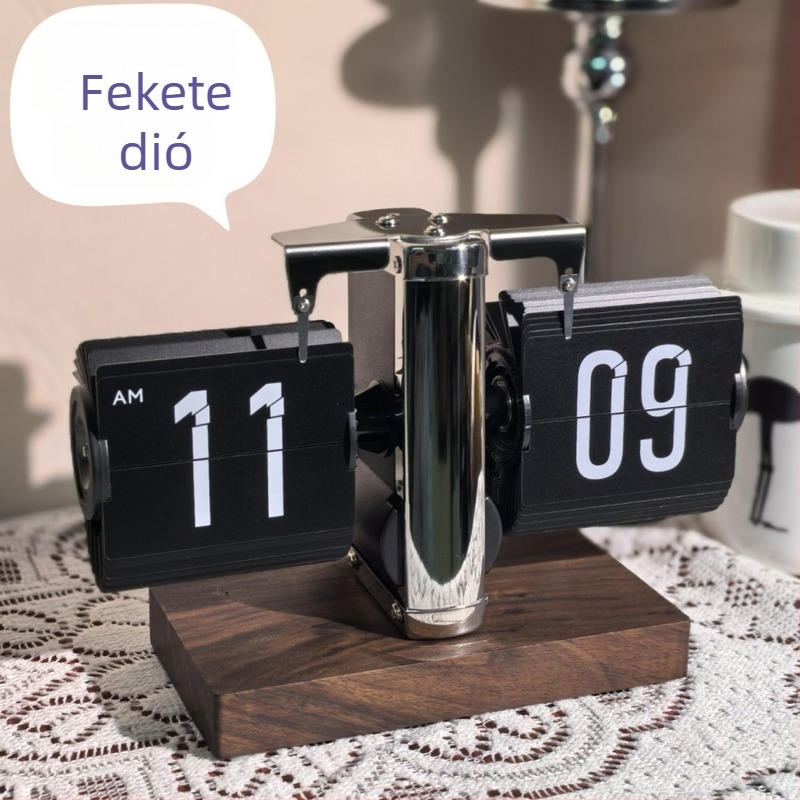 Asztali óra dupla oldalas flip mechanizmussal, külső tápegység, fém ház, műanyag számlap — modern minimalist stílus