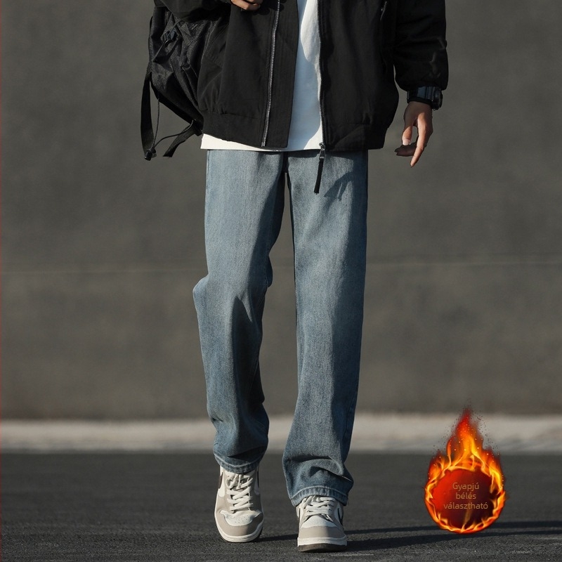 Férfiaknak 8XL méretű farmer nadrág, casual laza szabás, egyenes szár, fleece bélés