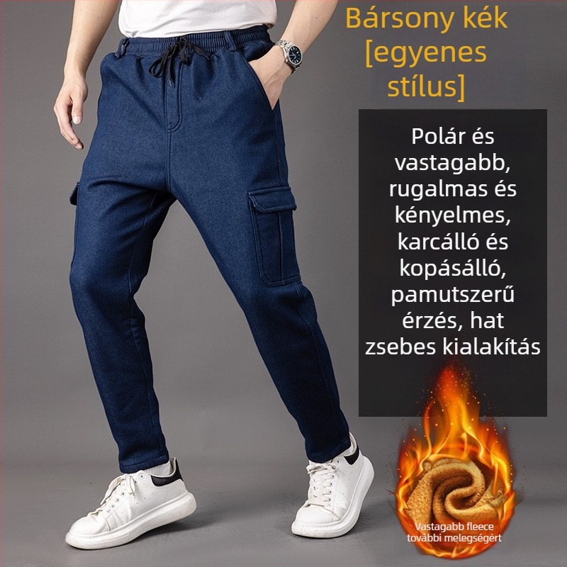 Férfi farmernadrág őszi-téli fleece bélés, laza szabású, egyenes szár, plusz méret