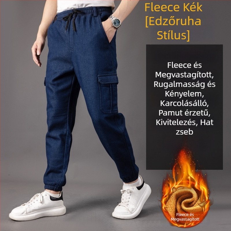 Férfi farmernadrág őszi-téli fleece bélés, laza szabású, egyenes szár, plusz méret
