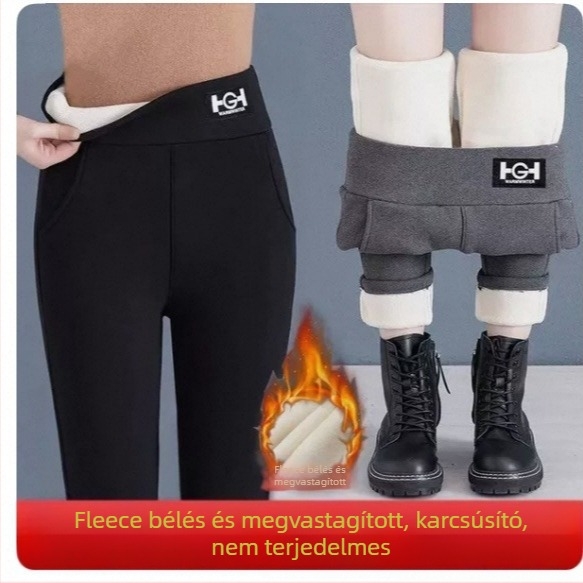 Uniszex pamutnadrág báránygyapjúos plüss béléssel, téli magas derekú, karcsúsított fazon, fekete, plusz méret