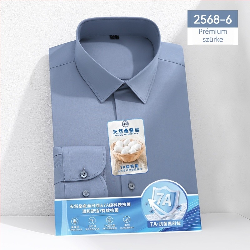 7A antibakteriális mulberry selyem ing férfiaknak, hosszú ujjú, fehér, üzleti-közvetlen stílus, bambusz rost, gyűrődésálló, vasalás nélkül