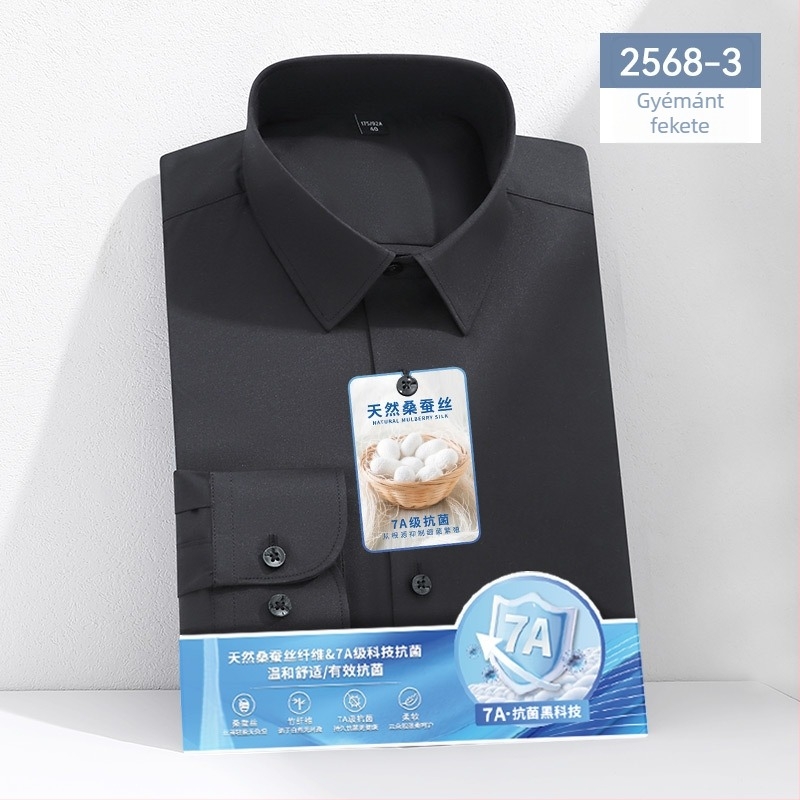 7A antibakteriális mulberry selyem ing férfiaknak, hosszú ujjú, fehér, üzleti-közvetlen stílus, bambusz rost, gyűrődésálló, vasalás nélkül