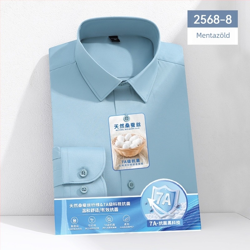 7A antibakteriális mulberry selyem ing férfiaknak, hosszú ujjú, fehér, üzleti-közvetlen stílus, bambusz rost, gyűrődésálló, vasalás nélkül