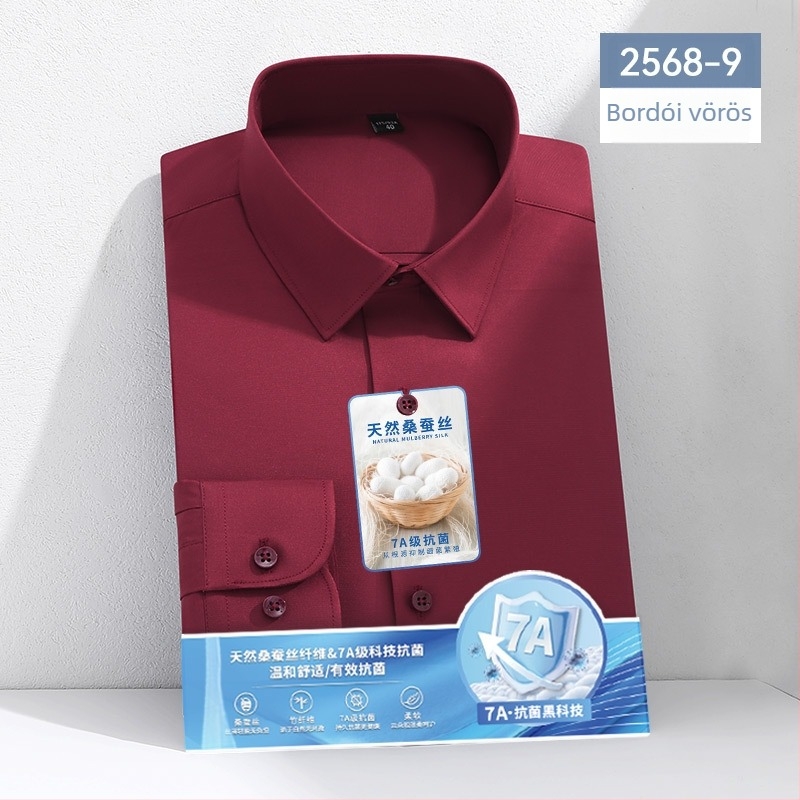 7A antibakteriális mulberry selyem ing férfiaknak, hosszú ujjú, fehér, üzleti-közvetlen stílus, bambusz rost, gyűrődésálló, vasalás nélkül