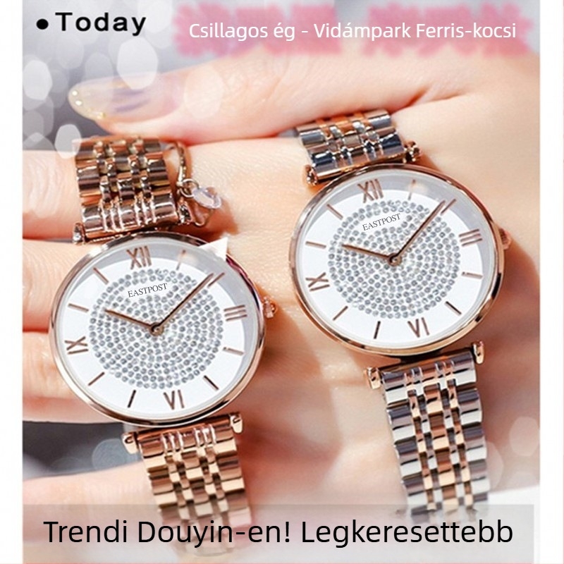 Női divatkaróra rozsdamentes acélból, csillagmintás dizájnnal, kör alakú számlappal, kvarc mechanizmus, 30 m vízállósággal