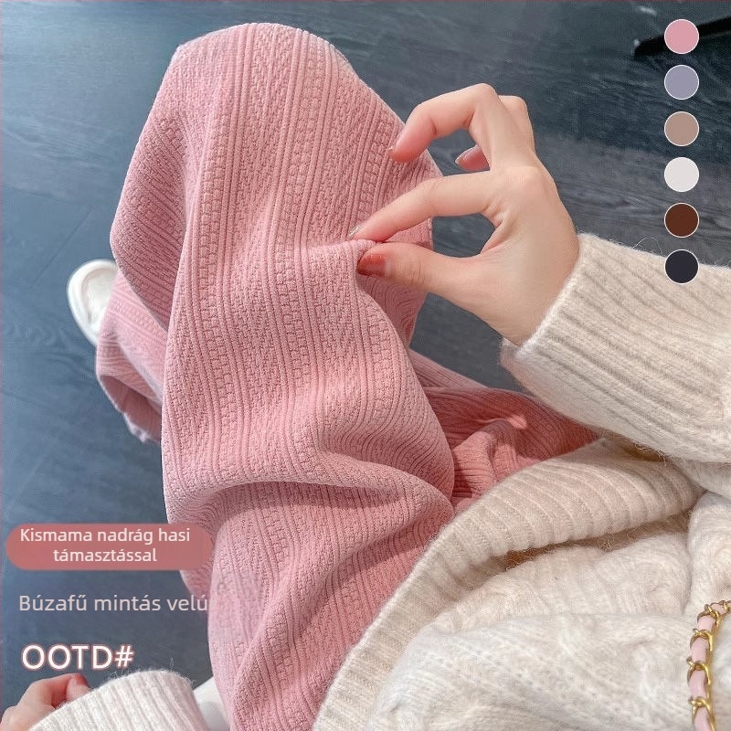 Őszi–téli kismama nadrág fleece-beléssel és vastag Chenille anyaggal, pocak-támasztó, bő szabású, széles és egyenes szárú, padlóig érő