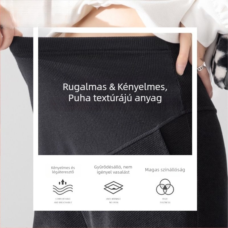 Őszi–téli kismama nadrág fleece-beléssel és vastag Chenille anyaggal, pocak-támasztó, bő szabású, széles és egyenes szárú, padlóig érő
