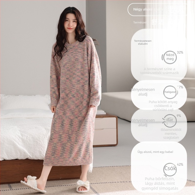 Fél velúrból készült anyatejes éjszakai ruha fleece béléssel, hosszú ujjú, körny nyakú, hosszú fazon