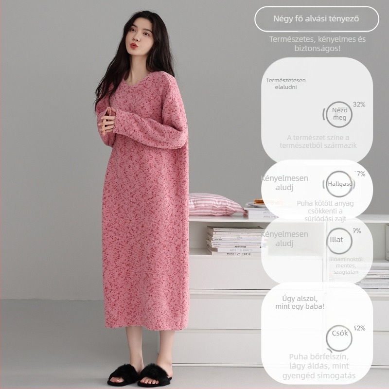 Fél velúrból készült anyatejes éjszakai ruha fleece béléssel, hosszú ujjú, körny nyakú, hosszú fazon