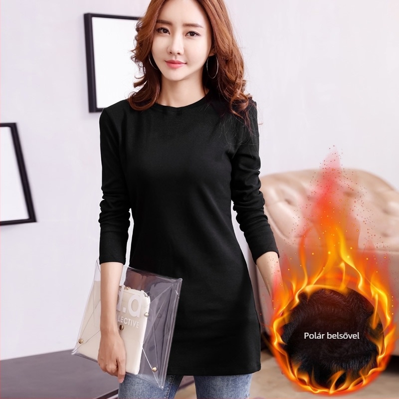 Slim szabású pamut hosszú ujjú felső, kerek nyakú, 95% pamut, spandex keverék, egyszínű, minimalist stílus