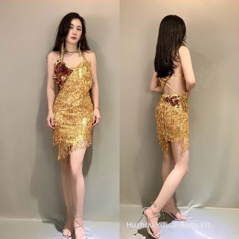 Latin tánc ruha bojtokkal és pailettes díszítéssel, hát nélküli, fényes poliészter – színpadi kosztüm