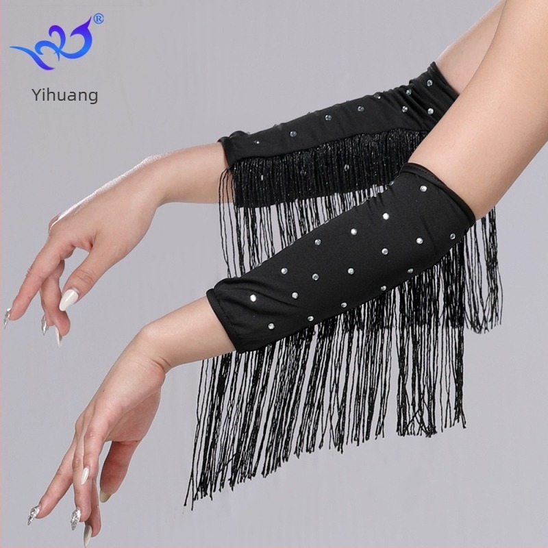 Latin tánc kesztyű rhinestone bojtokkal, női előadásra szánt ruházati kiegészítő, tej-selyem anyag, 95% feletti poliészter és spandex keverék, Yihuang márka, 2025 nyár