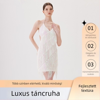 Női latin tánc gyakorló szett — elegáns öltözet tassellal és hímzéssel, anyag: poliészter (>95%), triacetát (>95%), nyár 2025