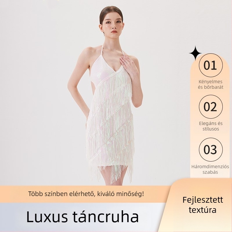 Női latin tánc gyakorló szett — elegáns öltözet tassellal és hímzéssel, anyag: poliészter (>95%), triacetát (>95%), nyár 2025