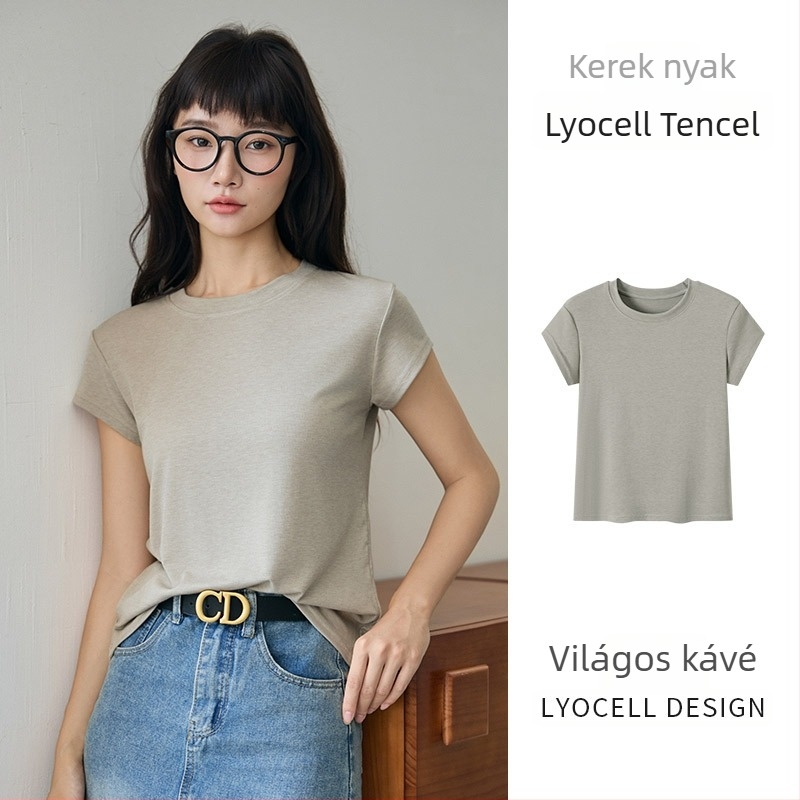 Női Lyocell felső kerek nyakkal, rövid ujjú, könnyű nyári viselet, szûk fazon