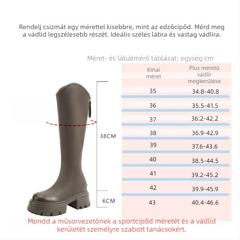 Koreai stílusú térdmagas női csizma, felsőrész mikroszálból, 6–8 cm vastag sarok, hátul cipzárral