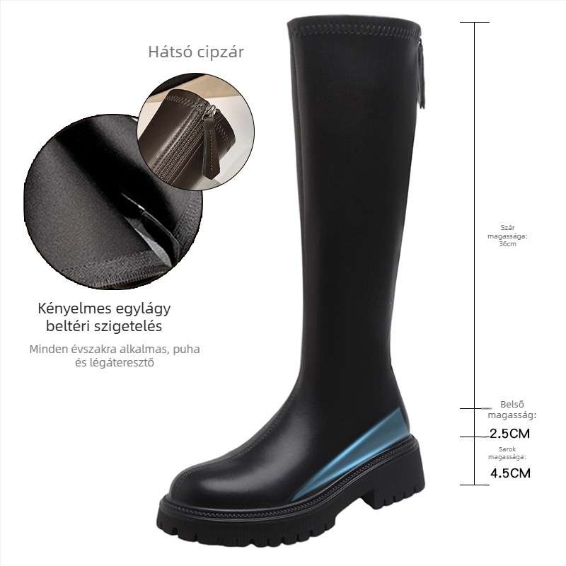 Női térdmagasságú csizma, mikroszálas felsőrész, magas szár, 3-5 cm sarok, kerek orr, hátul cipzár