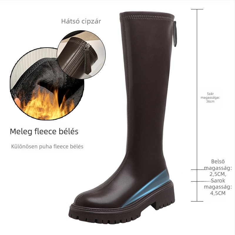 Női térdmagasságú csizma, mikroszálas felsőrész, magas szár, 3-5 cm sarok, kerek orr, hátul cipzár