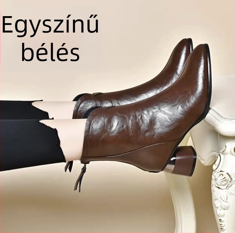 Női bőrből készült Martin csizma gyapjú bélés, hegyes orrú, hátul cipzár, alacsony szár