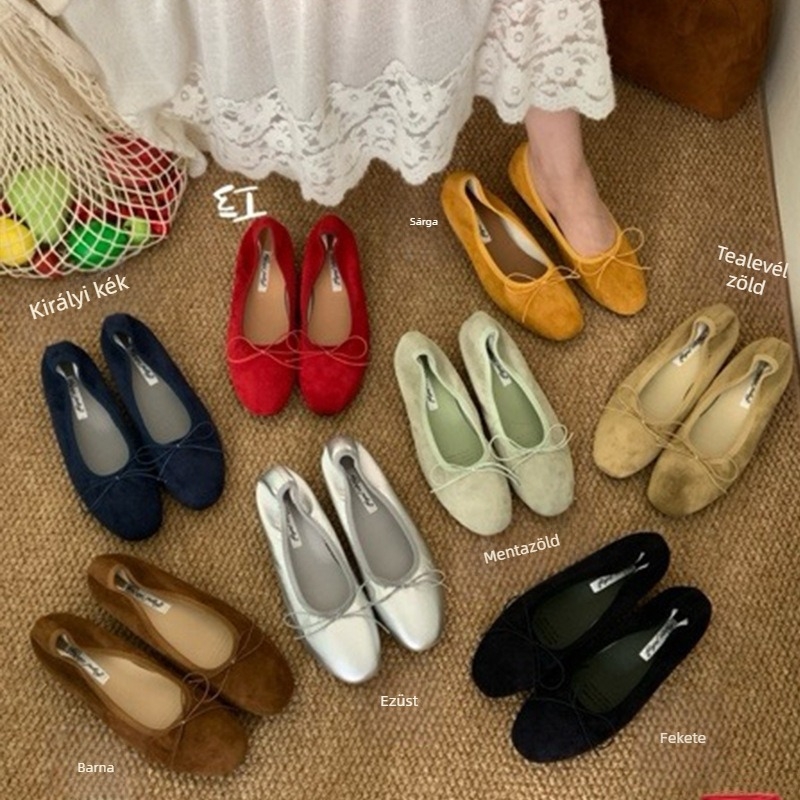 Masnis balerina cipő, kerek orr, mikroszálas felsőrész, alacsony sarok 1–3 cm, gumírozott talp