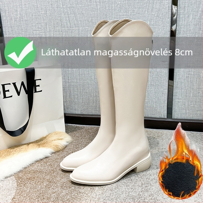 Női lovagcsizmák – magas szárú, kétoldalas marhabőrvamp, bőr bélés, gumírozott talp, belső magasságot növelő 3–5 cm-es sarok, hegyes orr