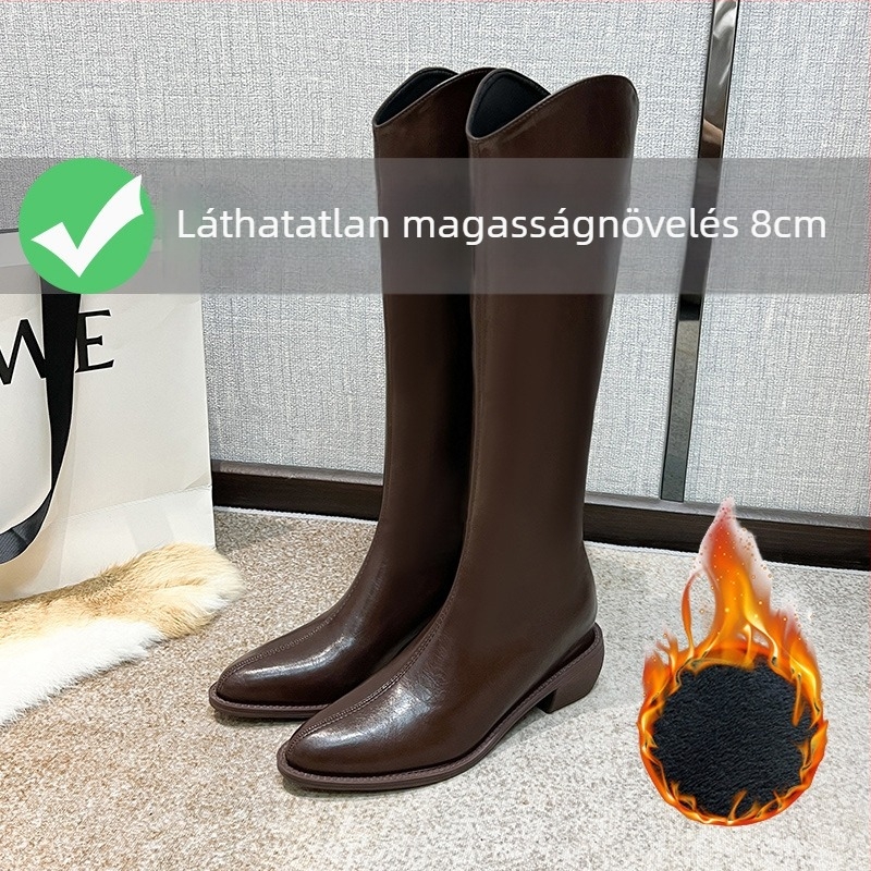 Női lovagcsizmák – magas szárú, kétoldalas marhabőrvamp, bőr bélés, gumírozott talp, belső magasságot növelő 3–5 cm-es sarok, hegyes orr