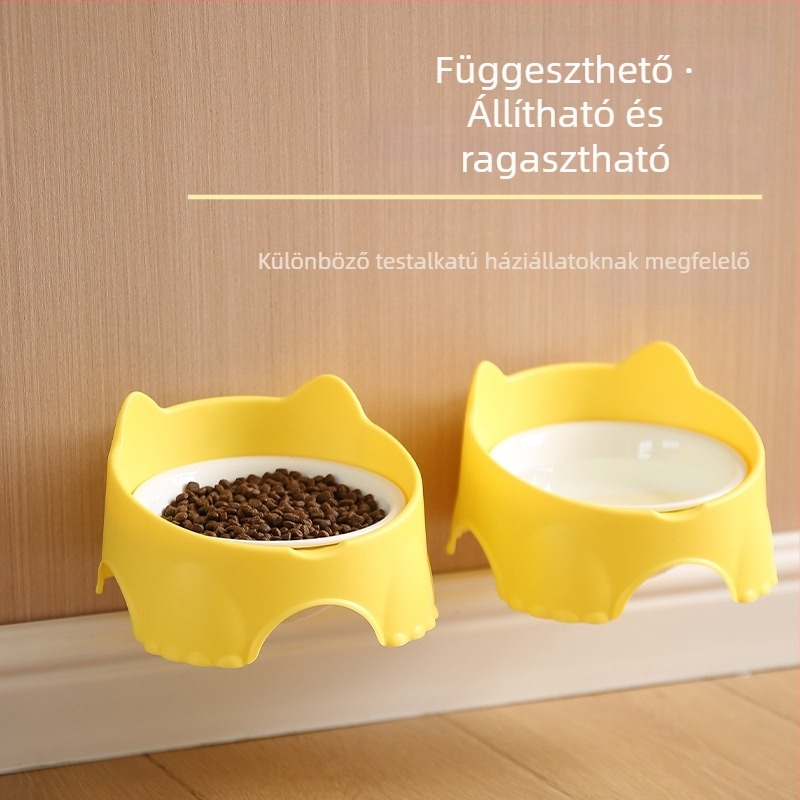 Falihoz szerelhető macska etető tál, műanyag alap, kerámia vagy rozsdamentes acél tál, helytakarékos dizájn