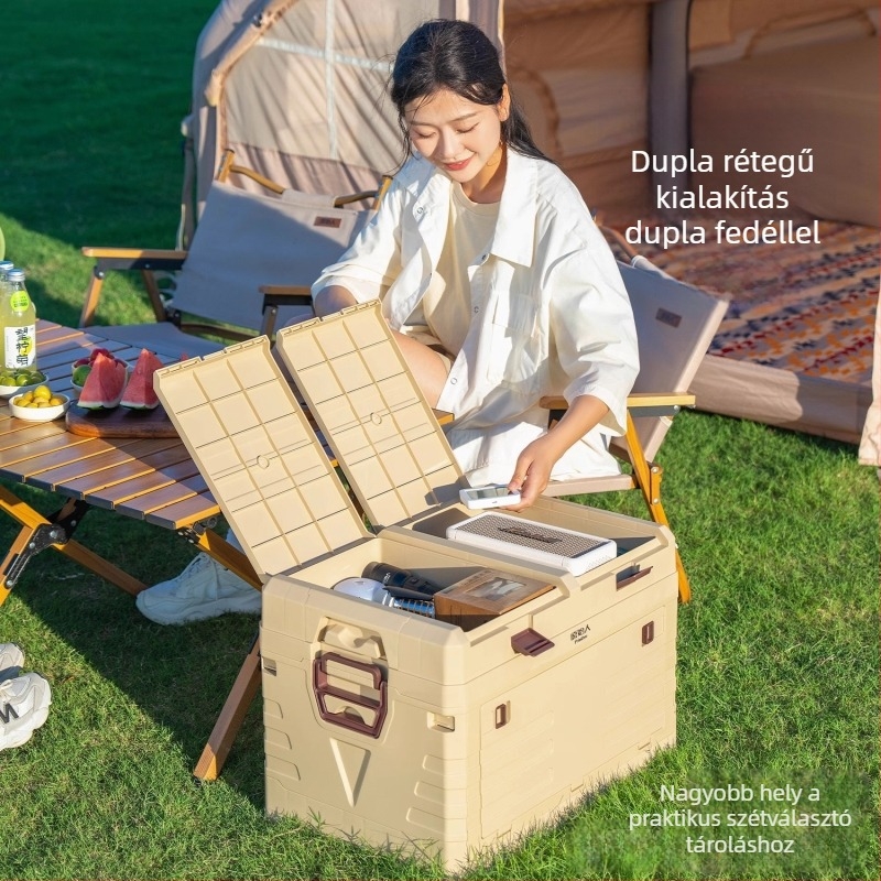 Autócsomagtartó rendező integrált kempingasztallal – 50–60 L, PP anyag, modell AJP06, hordozható
