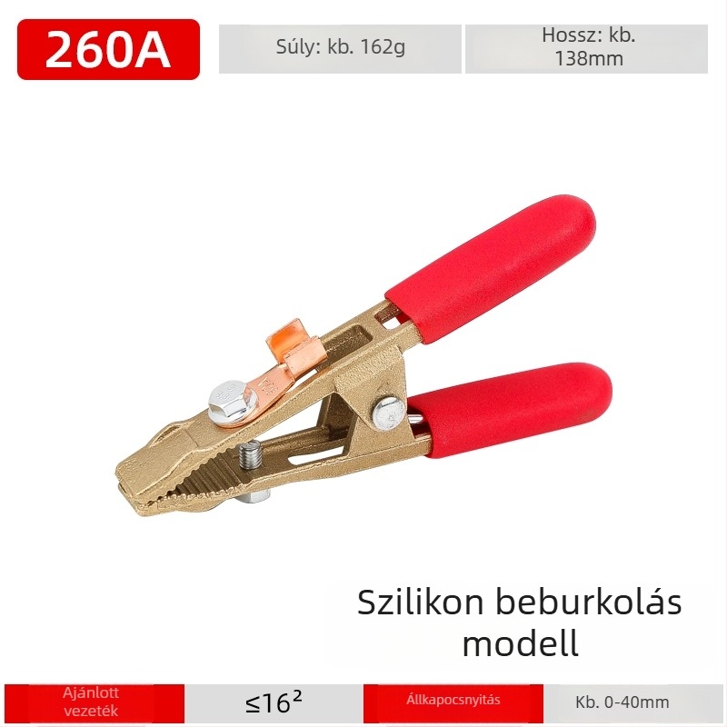 Teljesen rézből készült A- alakú földelő csipesz, hegesztéshez és autóakku indításához, alligator klipsz
