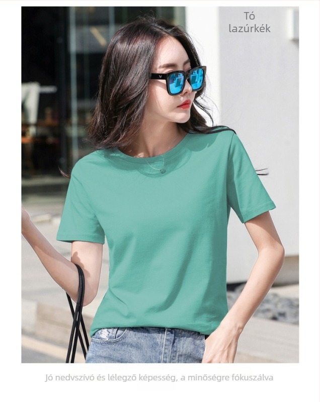 Női pamut T‑shirt, rövid ujjú, kerek nyakú, egyenes szabás, 95%+ pamut