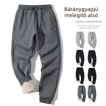 Téli férfi pamut sportnadrág fleece-béléssel, lazán szabott, széles szárú, középmagas derekú, övvel