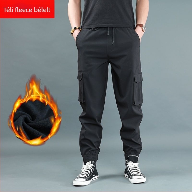 Férfi fleece-bélelt vastag jogger nadrág, magas derekú, egyenes szabású, bambusz rost és poliészter keverék
