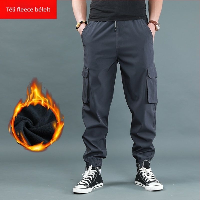 Férfi fleece-bélelt vastag jogger nadrág, magas derekú, egyenes szabású, bambusz rost és poliészter keverék