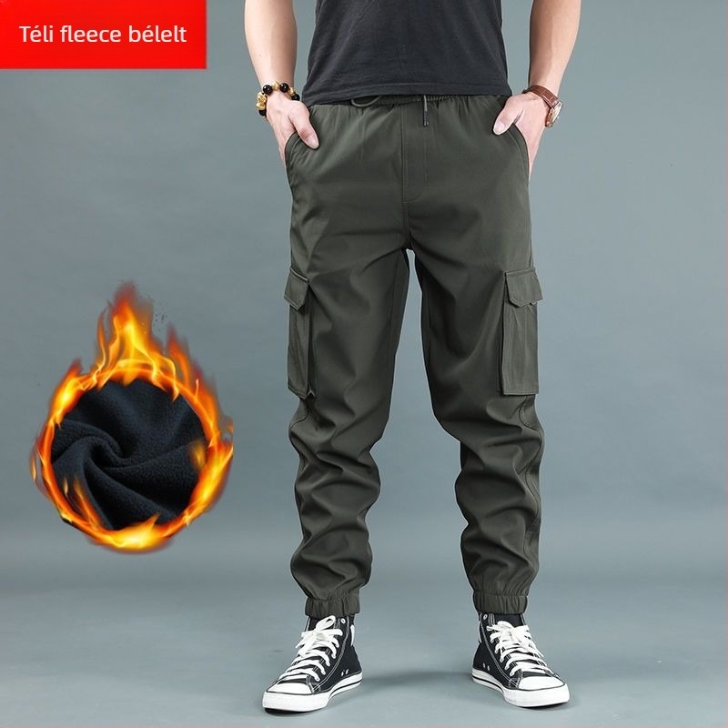 Férfi fleece-bélelt vastag jogger nadrág, magas derekú, egyenes szabású, bambusz rost és poliészter keverék