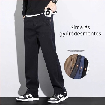 Férfi őszi-téli fleece-béléssel ellátott, gyűrődésmentes, rugalmas, egyenes szabású nadrág, kényelmes és sokoldalú