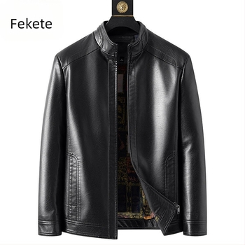 Férfi PU bőrdzseki, stand-up gallérral, lazább szabás, fleece bélés