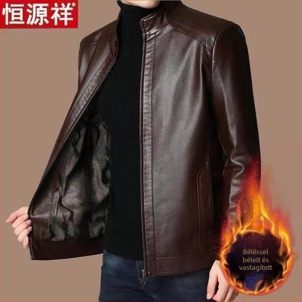 Férfi PU bőrdzseki, stand-up gallérral, lazább szabás, fleece bélés