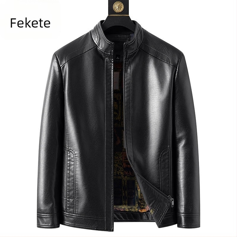 Férfi PU bőrdzseki, stand-up gallérral, lazább szabás, fleece bélés