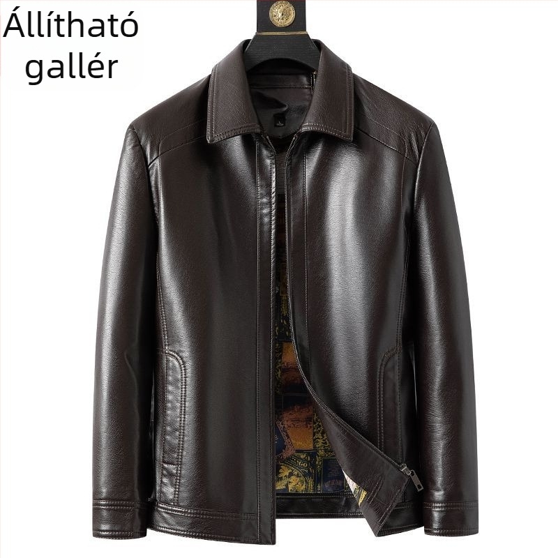Férfi PU bőrdzseki, stand-up gallérral, lazább szabás, fleece bélés