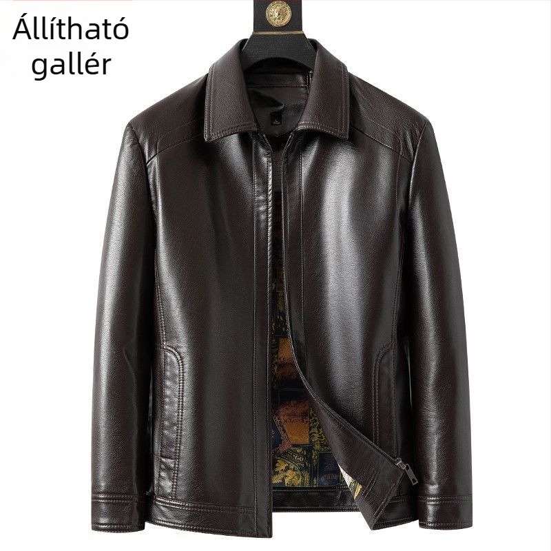 Férfi PU bőrdzseki, stand-up gallérral, lazább szabás, fleece bélés