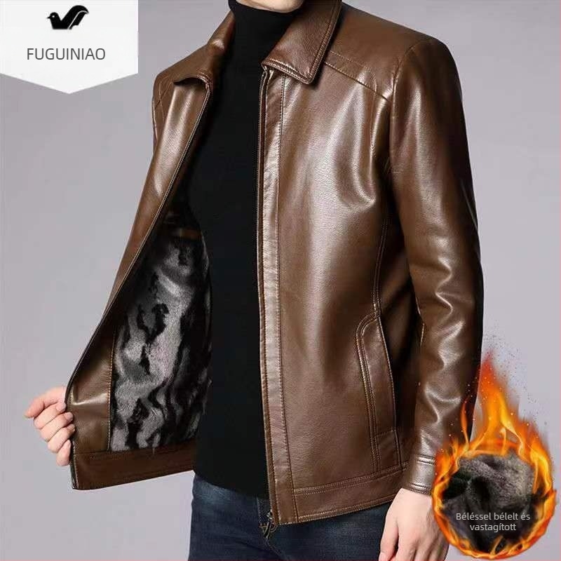 Férfi PU bőrdzseki, stand-up gallérral, lazább szabás, fleece bélés