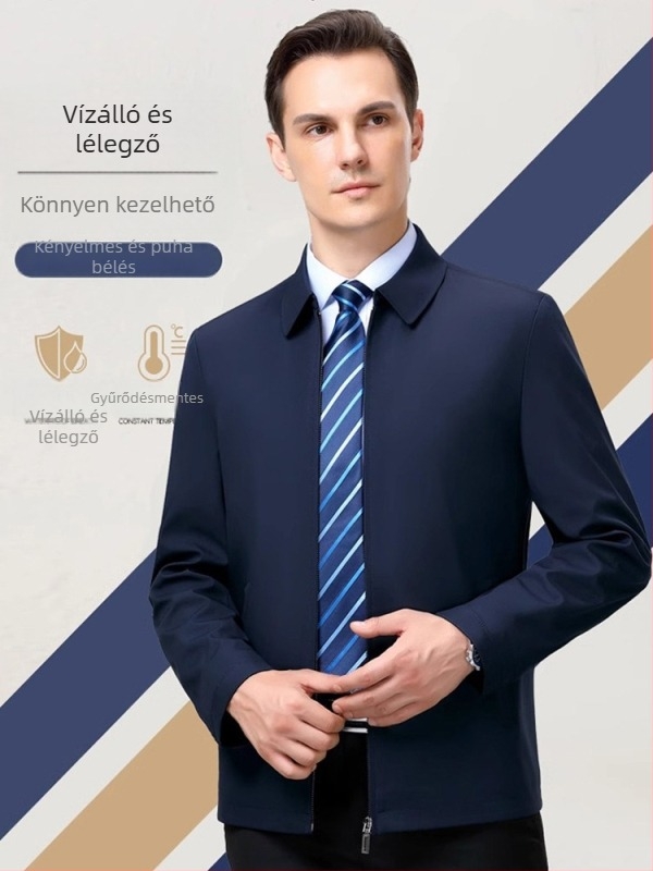 Szélvédett férfi kabát tavasz-őszre középkorú és idősebb férfiaknak, üzleti casual stílus, galléros kivitel, oldalsó zsebek, egyenes szabás.