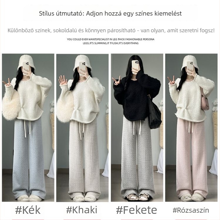 Női széles lábú nadrág Lambswoolból, Houndstooth mintával, őszi–téli 2025, casual, alacsony testűeknek