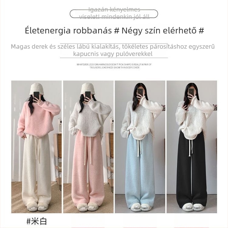 Női széles lábú nadrág Mink velúr béléses, őszi–téli 2025, petite méret, laza szabású, kötött