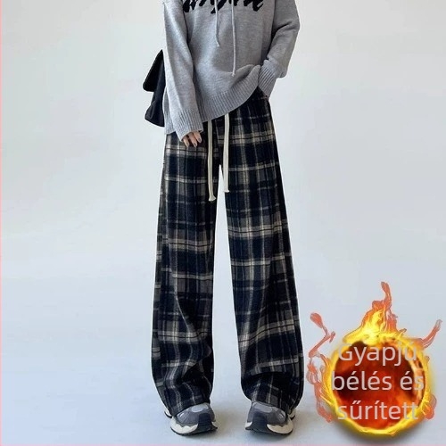 Női kockás casual széles nadrágok, őszi-téli szezon, 145 cm alkatú, rövidített hossz, magas derékvonal, karcsúsító hatás
