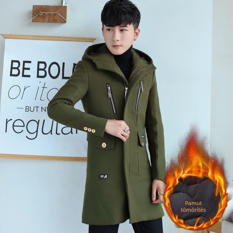 Téli középmagasságú trenčkabát, koreai stílusú, Slim Fit, kapucnival, elől cipzár, álló gallér, több zseb