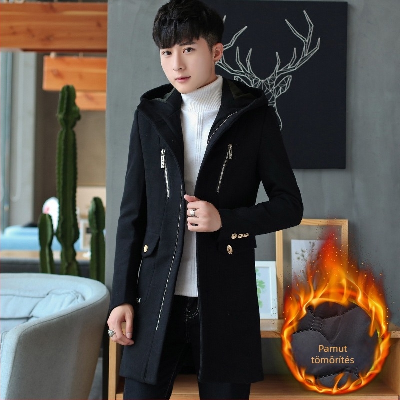 Téli középmagasságú trenčkabát, koreai stílusú, Slim Fit, kapucnival, elől cipzár, álló gallér, több zseb