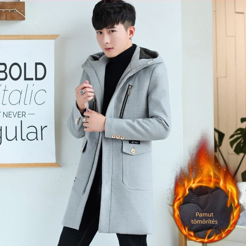 Téli középmagasságú trenčkabát, koreai stílusú, Slim Fit, kapucnival, elől cipzár, álló gallér, több zseb