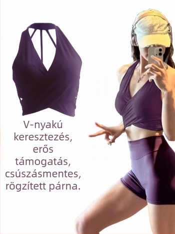 Női mély V-nyakú tornázó felső beépített melltartóval, légáteresztő, gyorsan száradó, nylon-spandex (80/20), rövid fazon, karcsú fazon